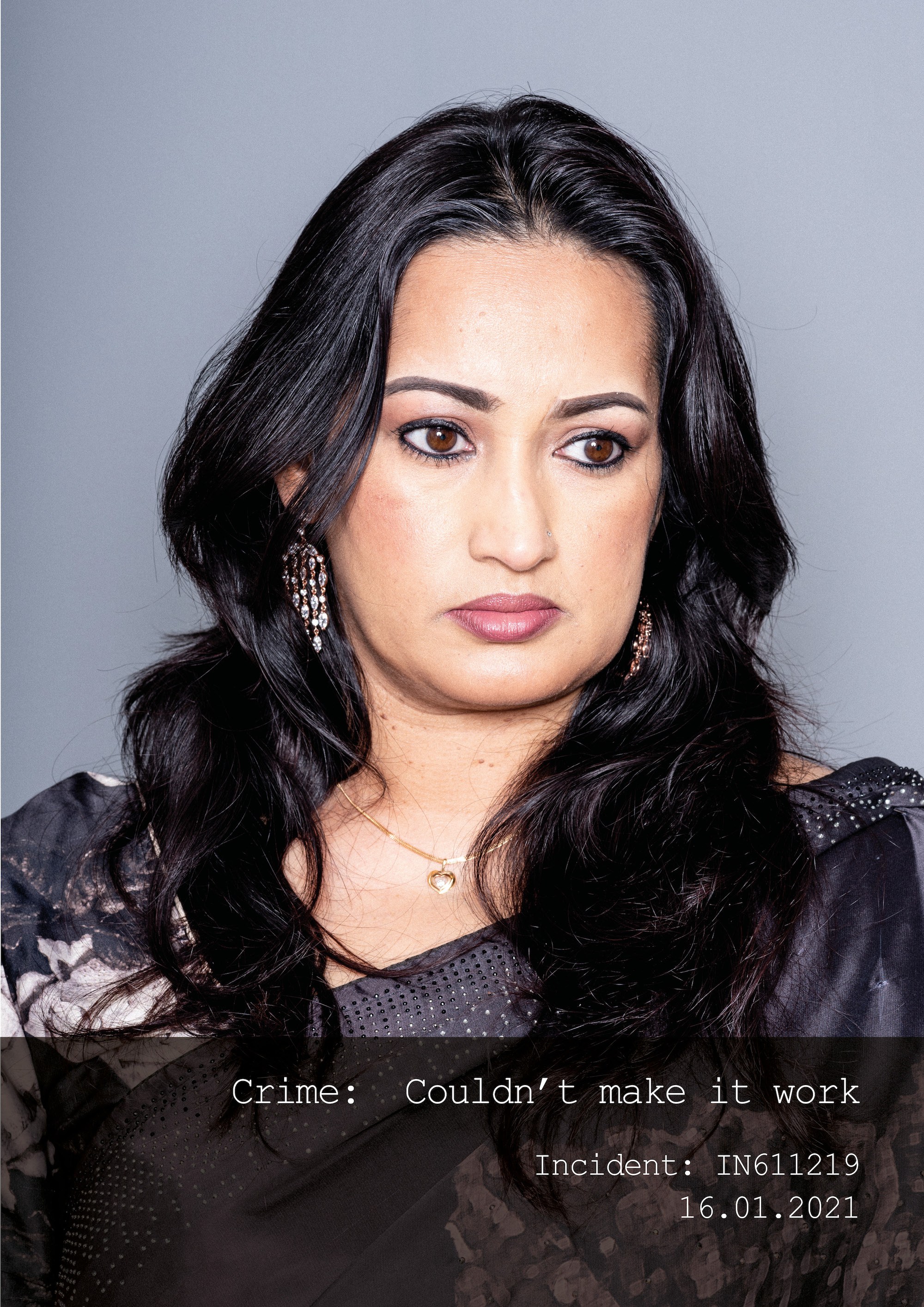 Mugshot of a woman with a text of her "crime"