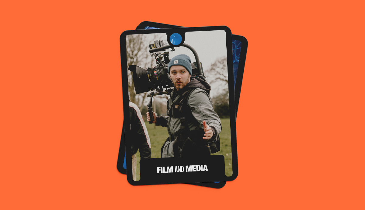 Two overlapping rectangular cards on orange background, top card shows person with camera equipment, text reads 'FILM AND MEDIA'