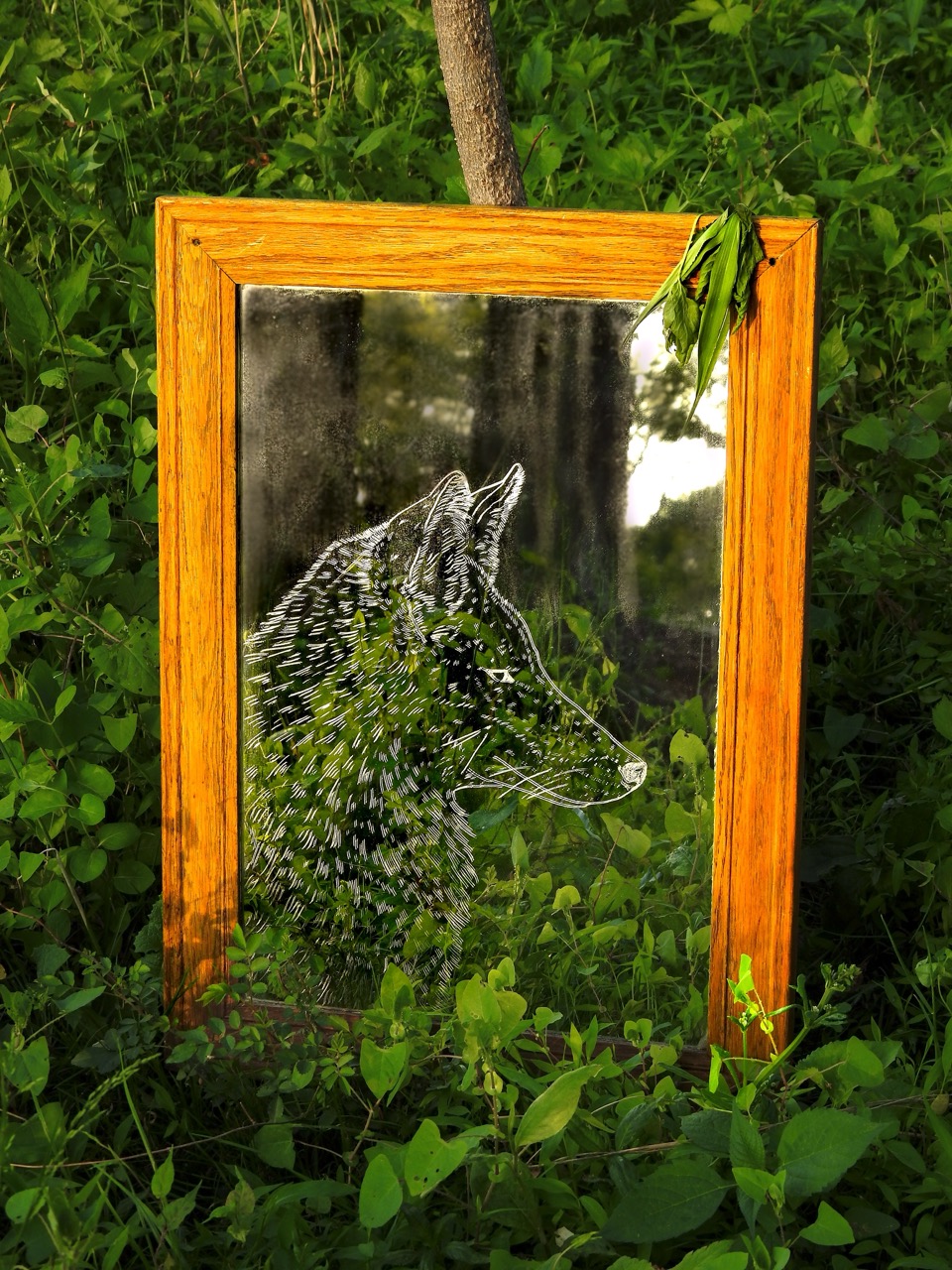 An orange-framed mirror with an etched fox profile stands among dense green foliage, with a tree trunk behind it.