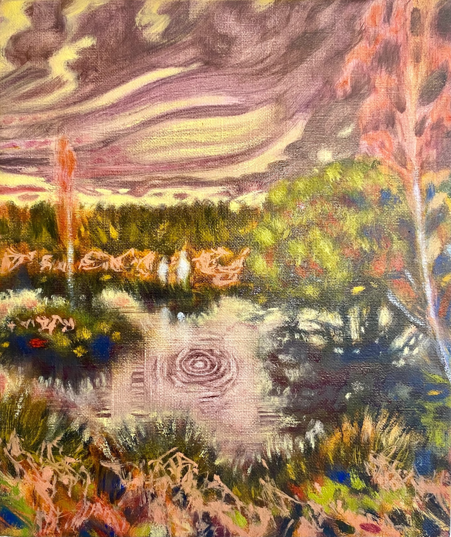 A colourful abstract landscape painting with a rippled reflective pond, trees and foliage beneath a swirling pink and purple sky.