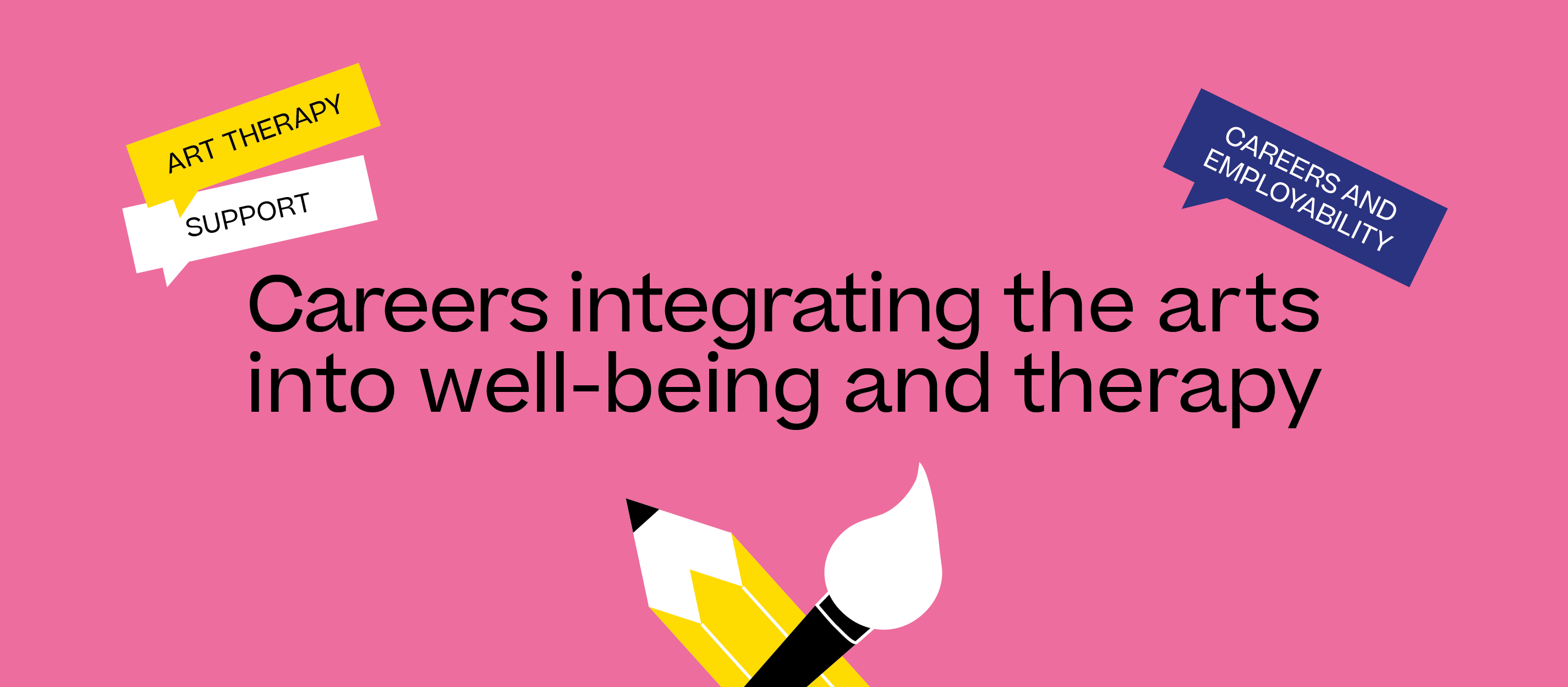 Pink background with black copy. Illustrations of a pencil and paintbrush.