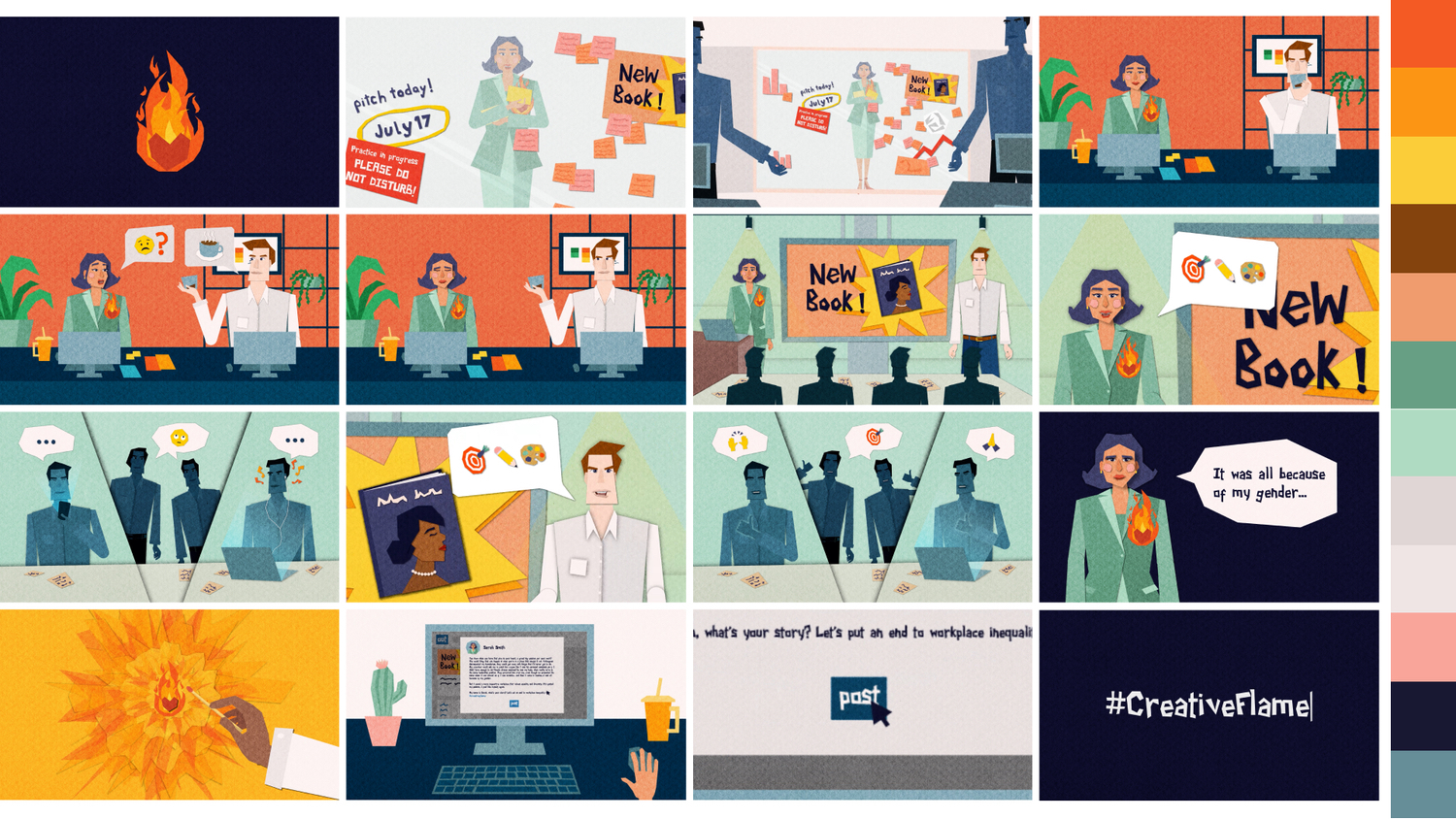 A grid of 16 frames from the animation #CreativeFlame