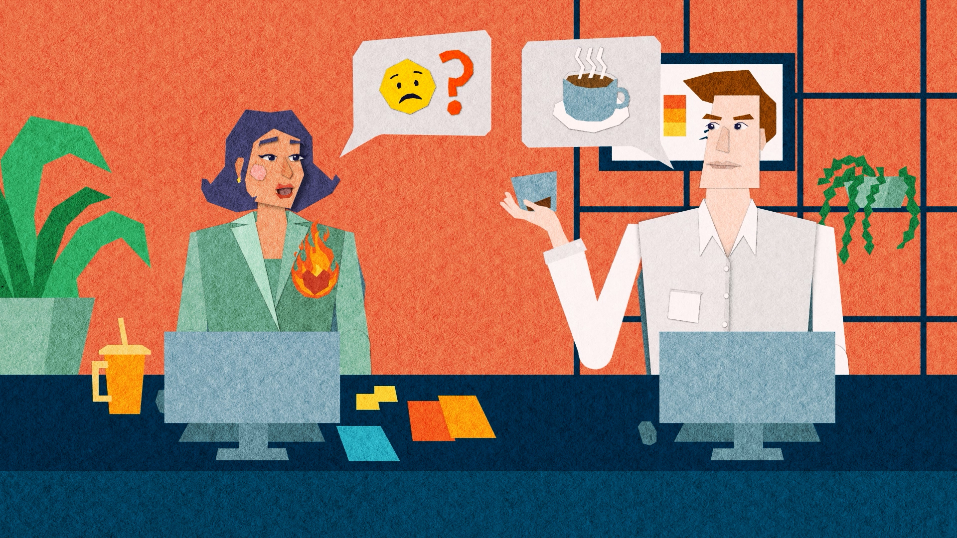 Illustration of a woman and a man sat at neighbouring computers. The woman has a speech bubble above her with a sad face emoji and a question mark, the man has a speech bubble with a coffee cup emoji.