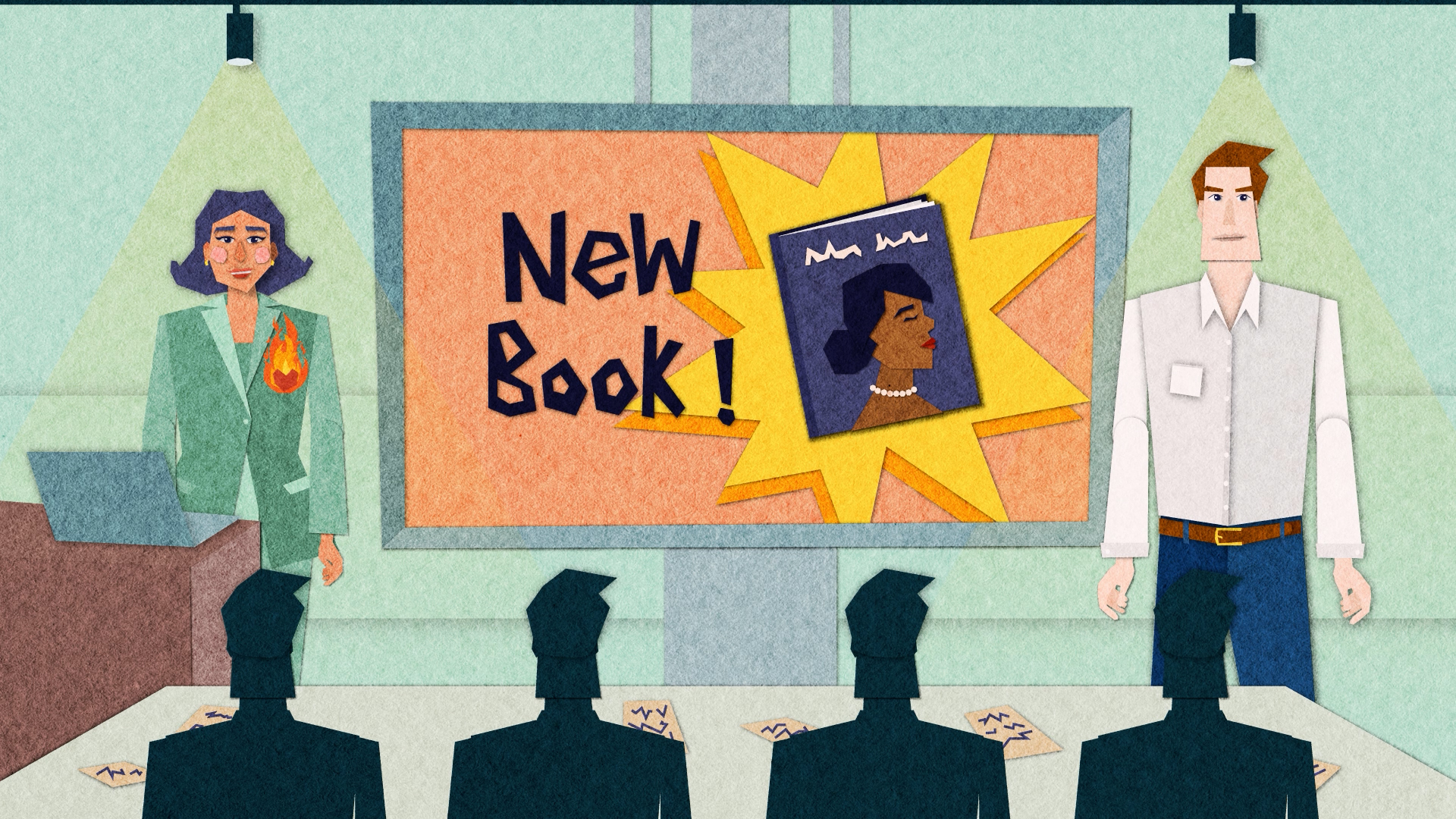 Illustration of a man and a woman standing under spotlights either side of a presentation screen. A book cover and the words "New Book!" appear on the screen. Four silhouettes are shown in the foreground.