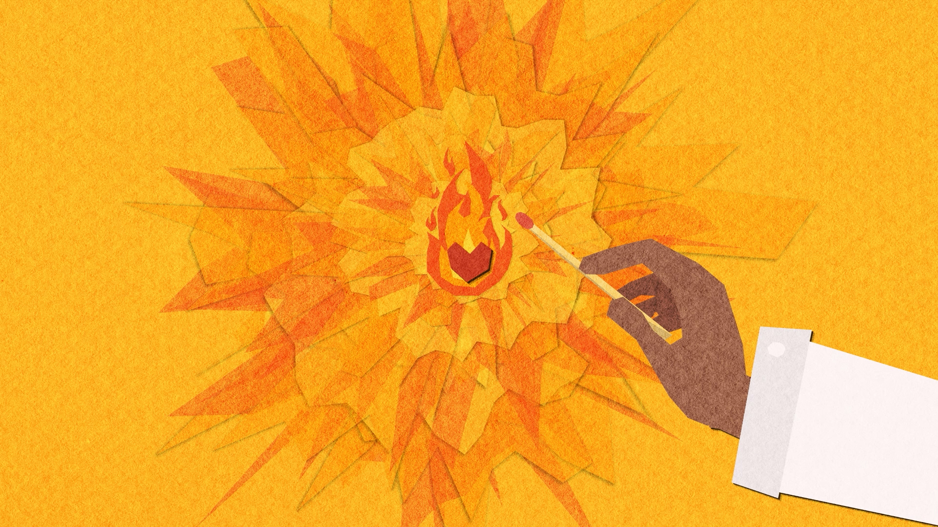Illustration of a small heart surrounded by a flame, surrounded with an explosive-looking pattern. A person's hand is shown holding a match close to the flame.