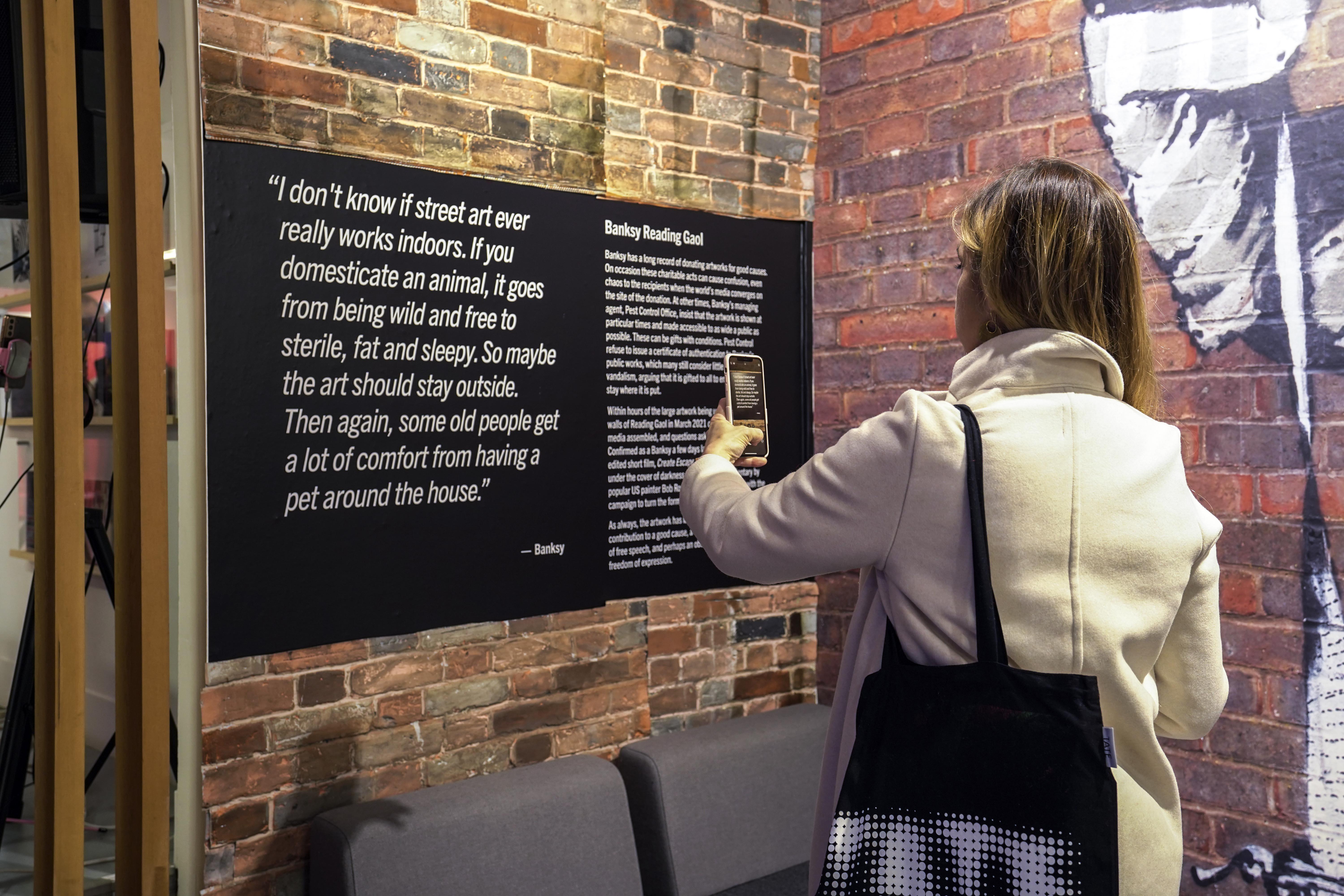 Person stands and takes a picture of two canvases hung on a brick-style background with their phone. The canvases have blocks of text on them.