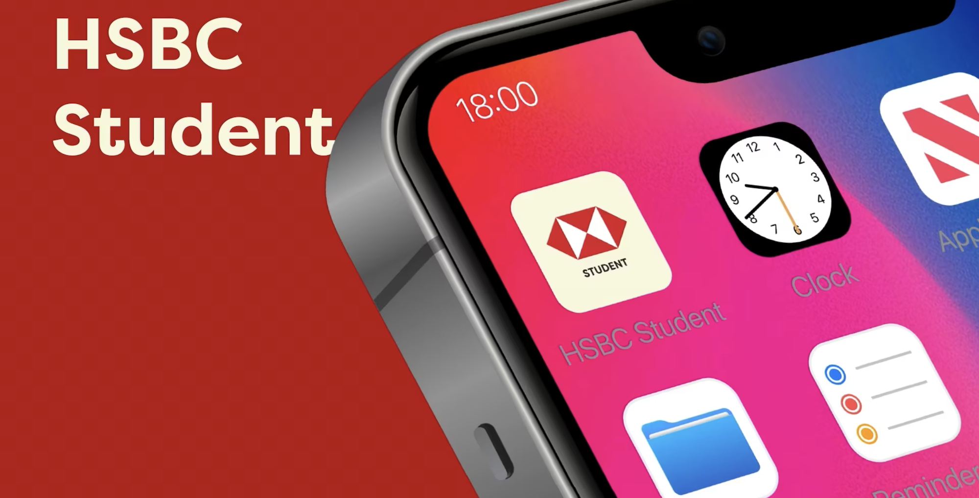 Black iPhone displaying apps on pink wallpaper, with HSBC Student app icon visible. Red background with white "HSBC Student" text on left.