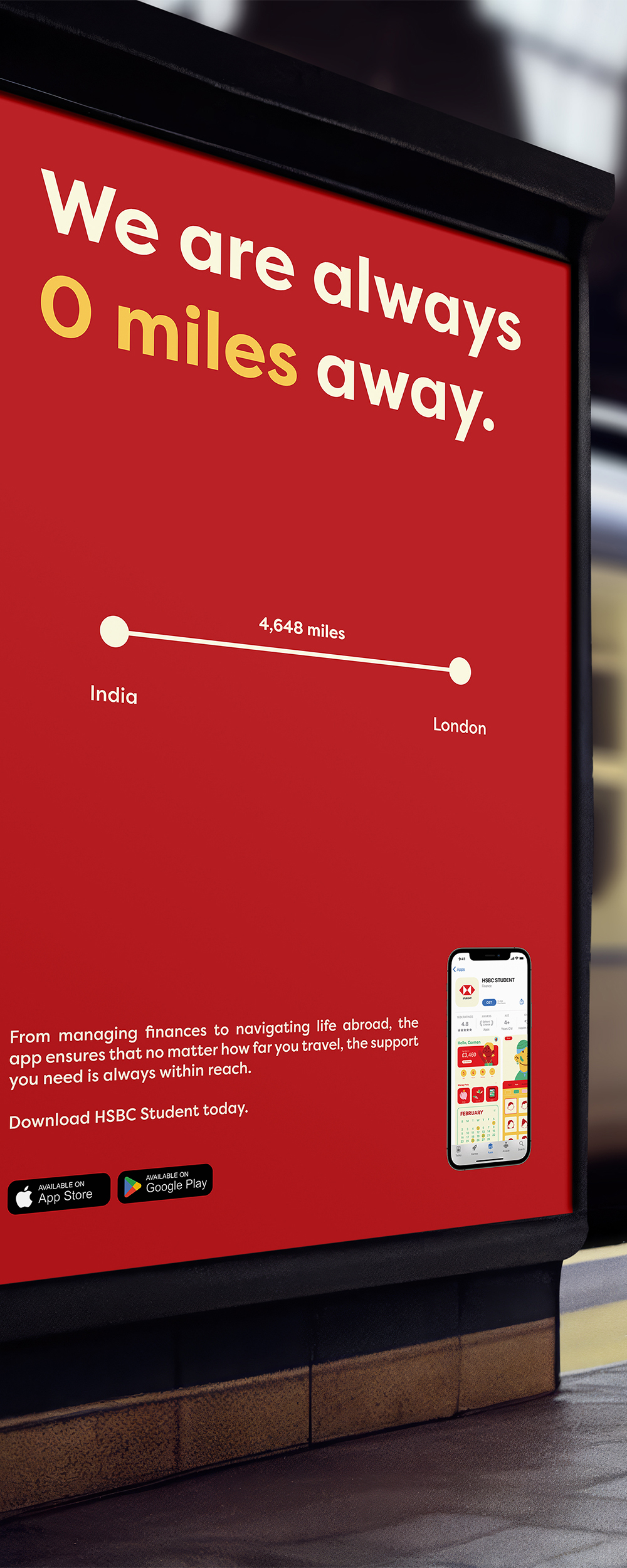Red advertising poster with white text "We are always 0 miles away", line connecting India to London showing 4,648 miles, mobile phone image.