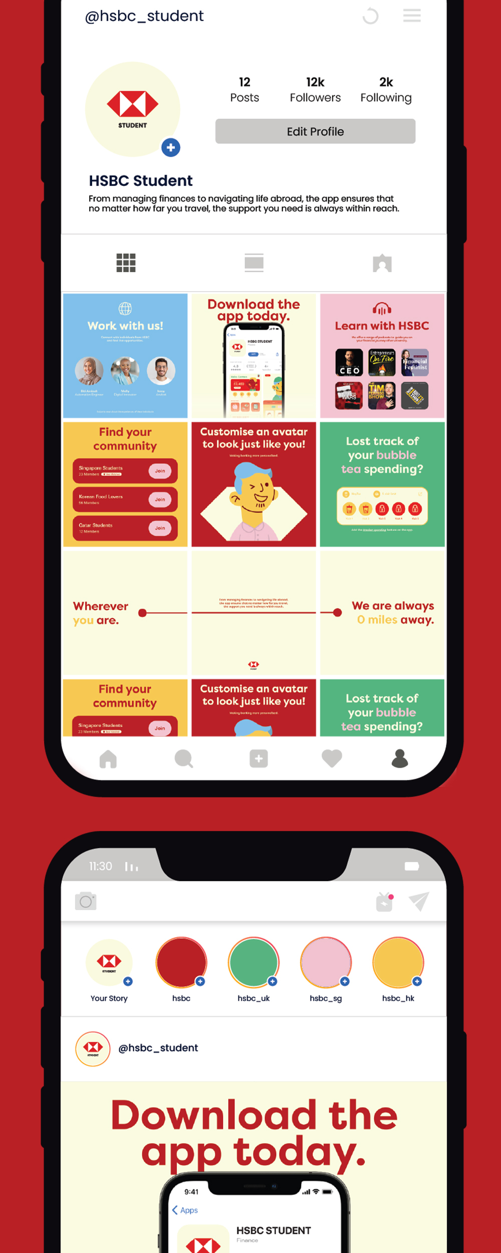 Two mobile phones displaying HSBC Student social media profile and Instagram stories with colourful app promotion tiles and interface elements.