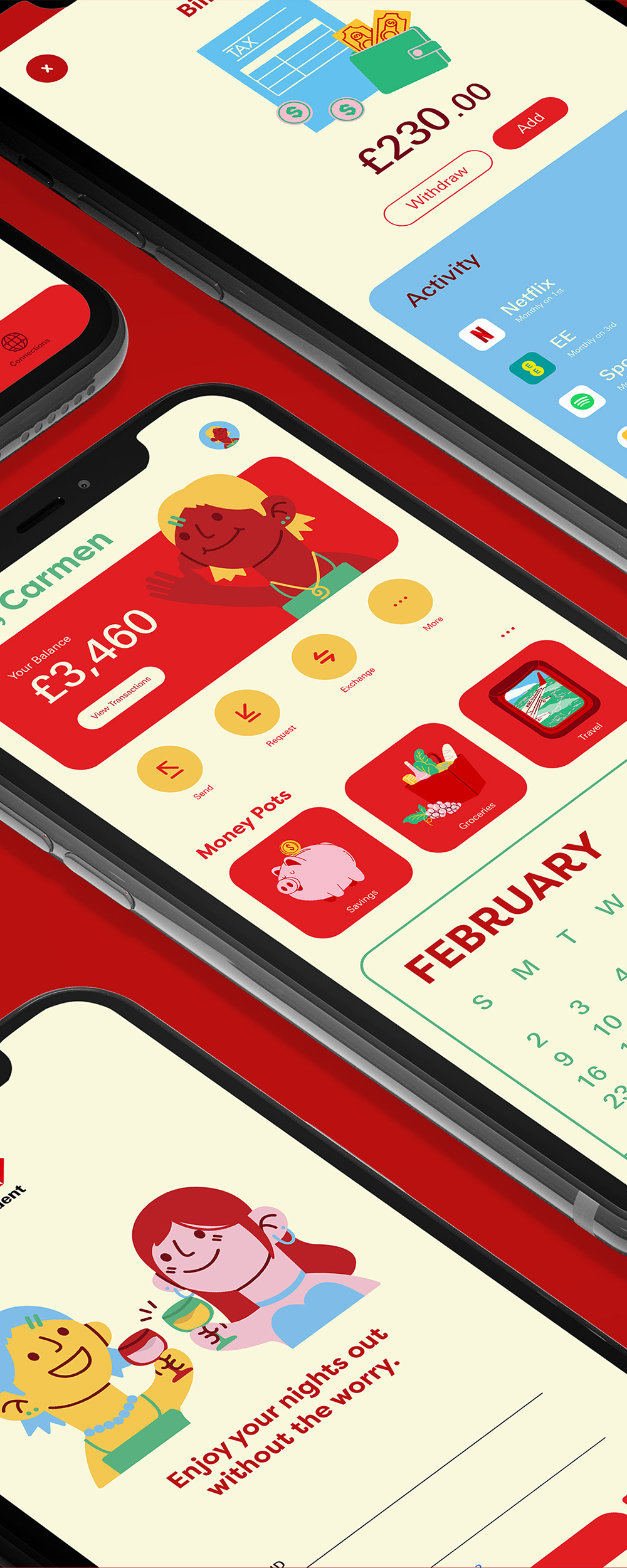 Mobile banking app screens showing red and cream interface with £230.00 balance, illustrated characters, yellow circular icons, and February calendar.