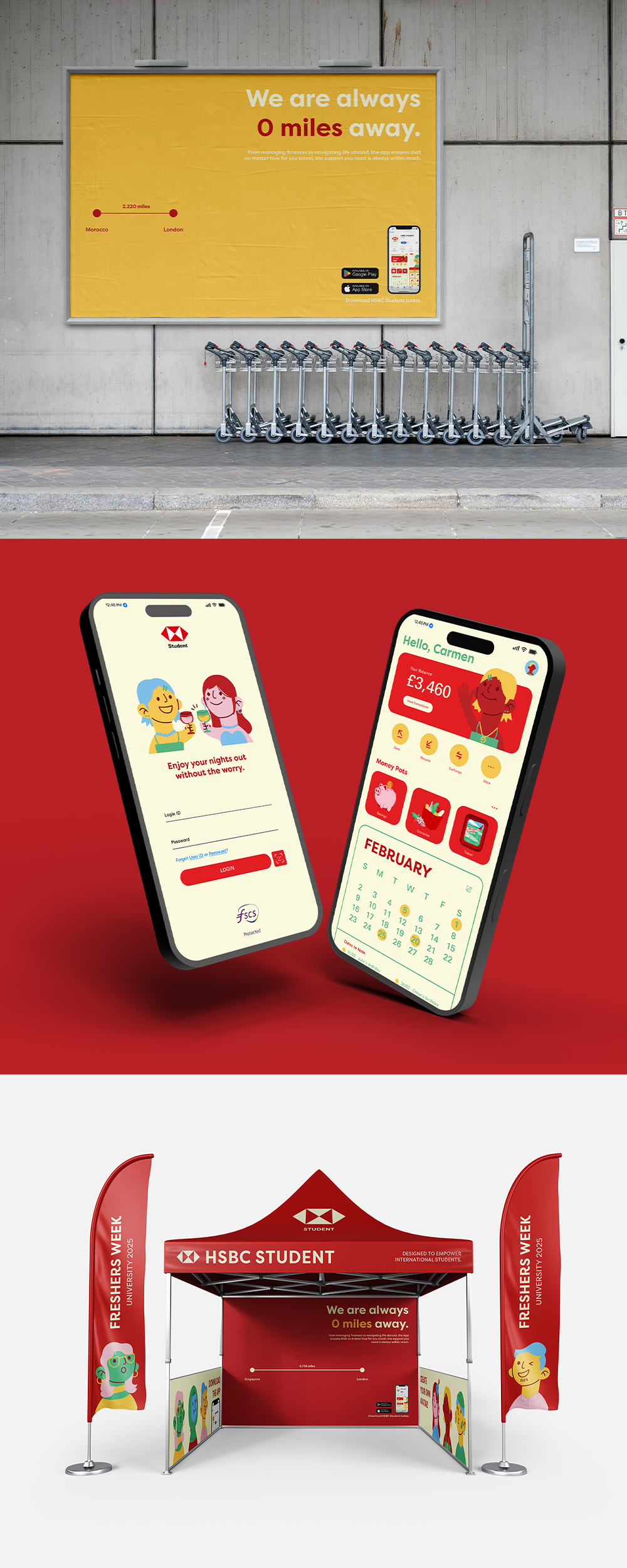 Yellow billboard with white text "We are always 0 miles away", mobile phones on red surface, and red HSBC exhibition stand with banners.