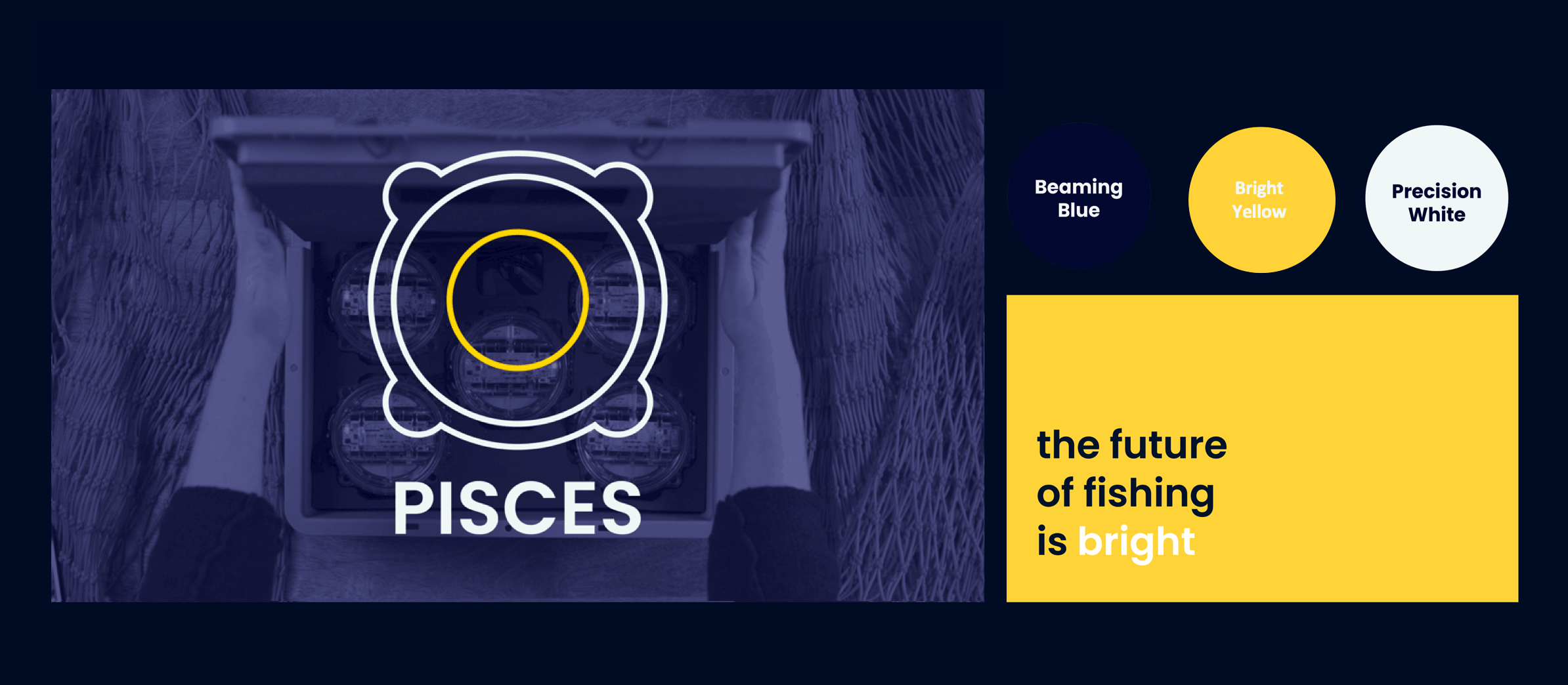 A large logo made up of circular shapes with the word 'Pisces' underneath it. To the right are three coloured circles with text reading 'Beaming Blue', 'Bright Yellow', and 'Precision White' on them. Underneath this is a yellow rectangle with the text 'the future of fishing is bright' appearing inside.