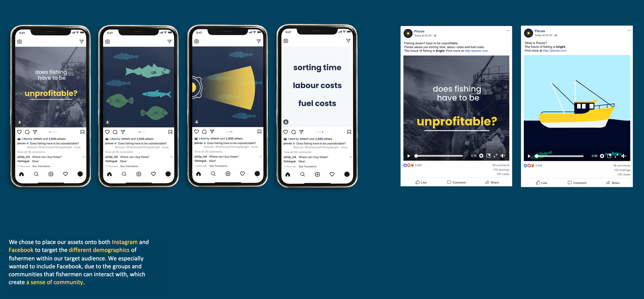 Four smartphone screens showing sample Instagram posts for Pisces. On the right, two sample Facebook posts for Pisces also show. Underneath on the bottom-left is a small block of text.
