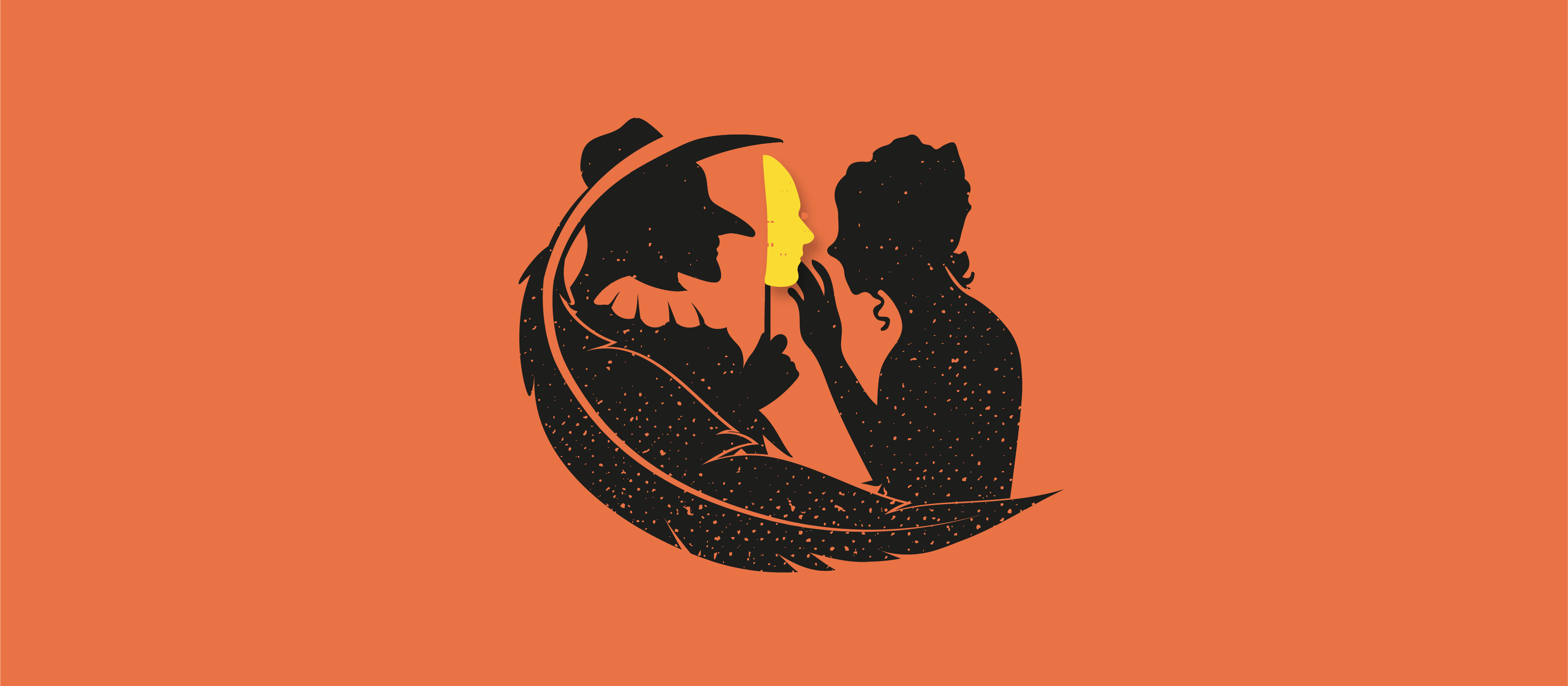 Silhouettes of two people, one holding a mask in front of their face.
