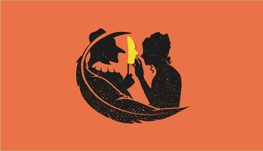 Closer image showing the silhouettes of two people, one holding a mask in front of their face.