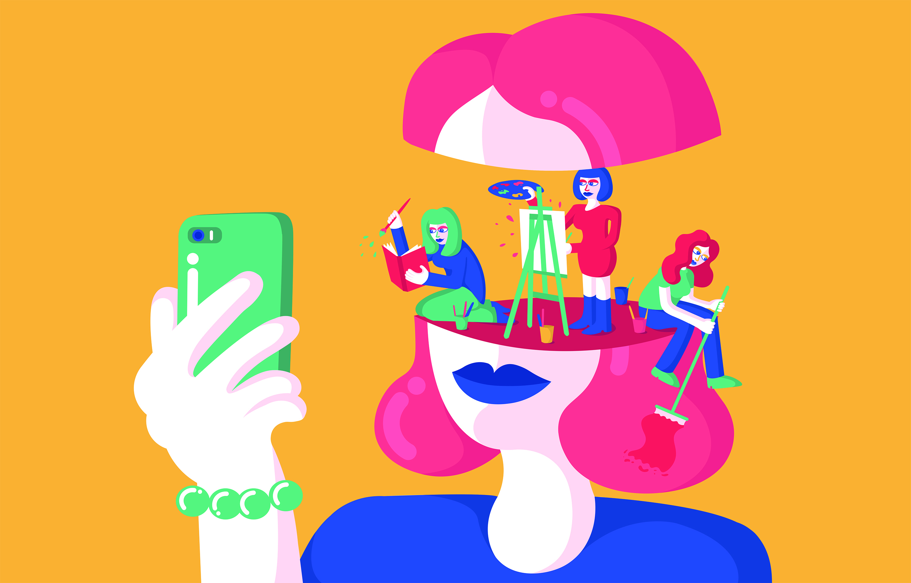 Colourful illustration of a person holding a phone up to their face and looking at it. Their head is parted between the forehead and mouth (with no eyes or nose) showing three full bodied versions of themselves painting and drawing in the gap