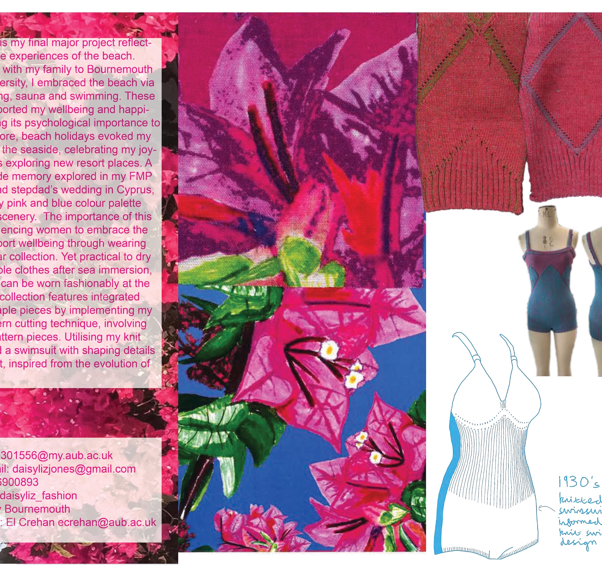 A collage featuring vibrant pink and green floral patterns, a red knitted garment with a diamond pattern, illustrations of swimwear in blue and red, and notes written in black pen on a white background.