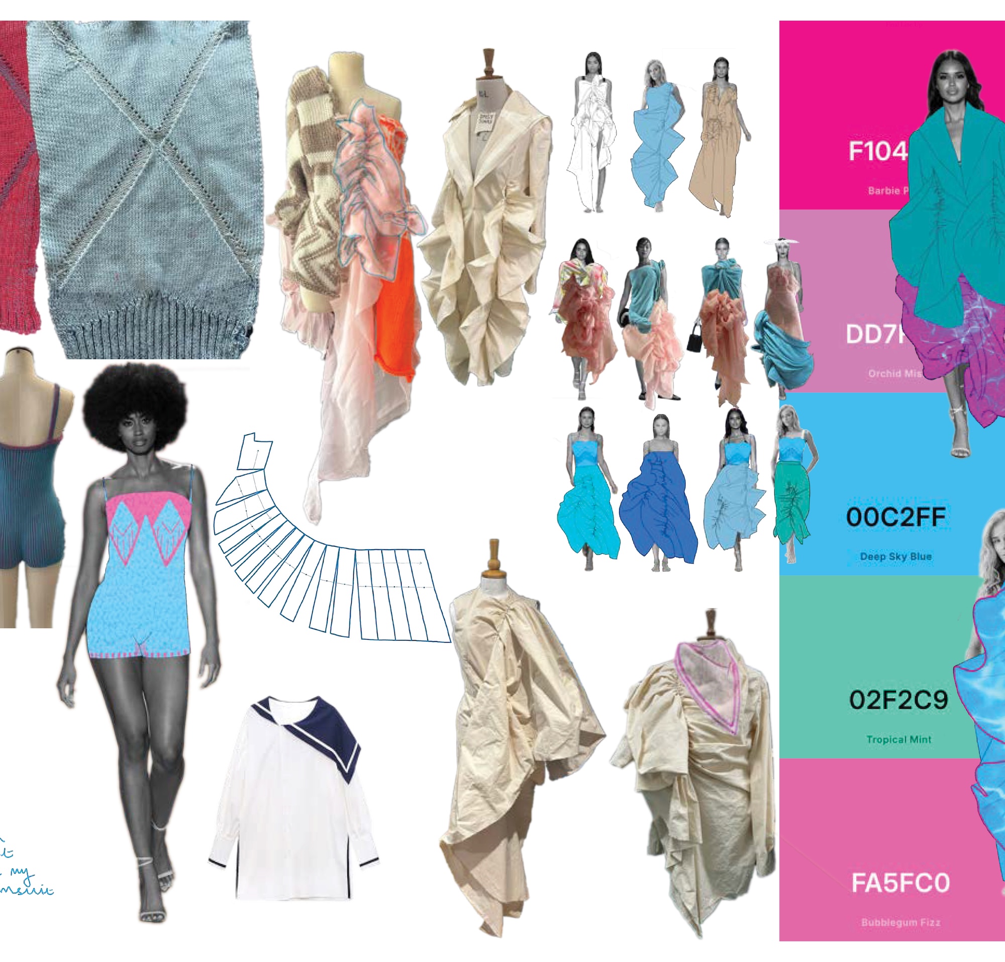 A collage of fashion designs featuring various styles, including draped garments, structured dresses, and a swimsuit sketch. There are swatches of fabric colours like blue and peach, alongside technical drawings, and a mannequin display. The background includes a model and design notes.