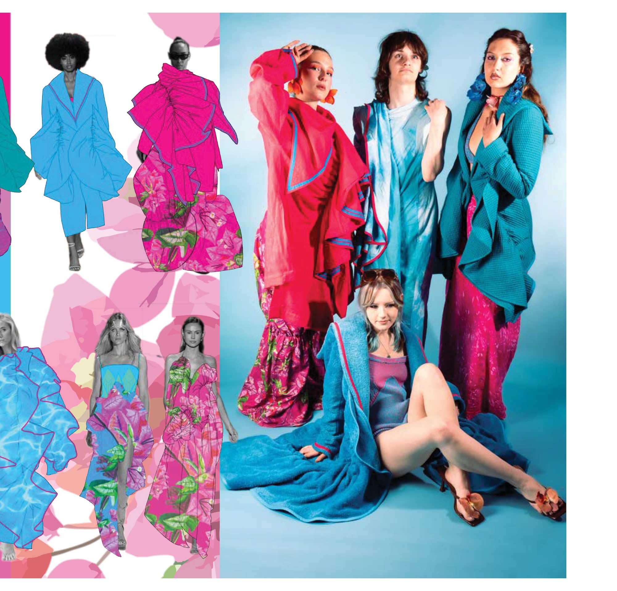 A group of five models wearing vibrant outfits in various shades of blue and pink, posing against a light blue background. The left side features illustrations of dresses in floral patterns.