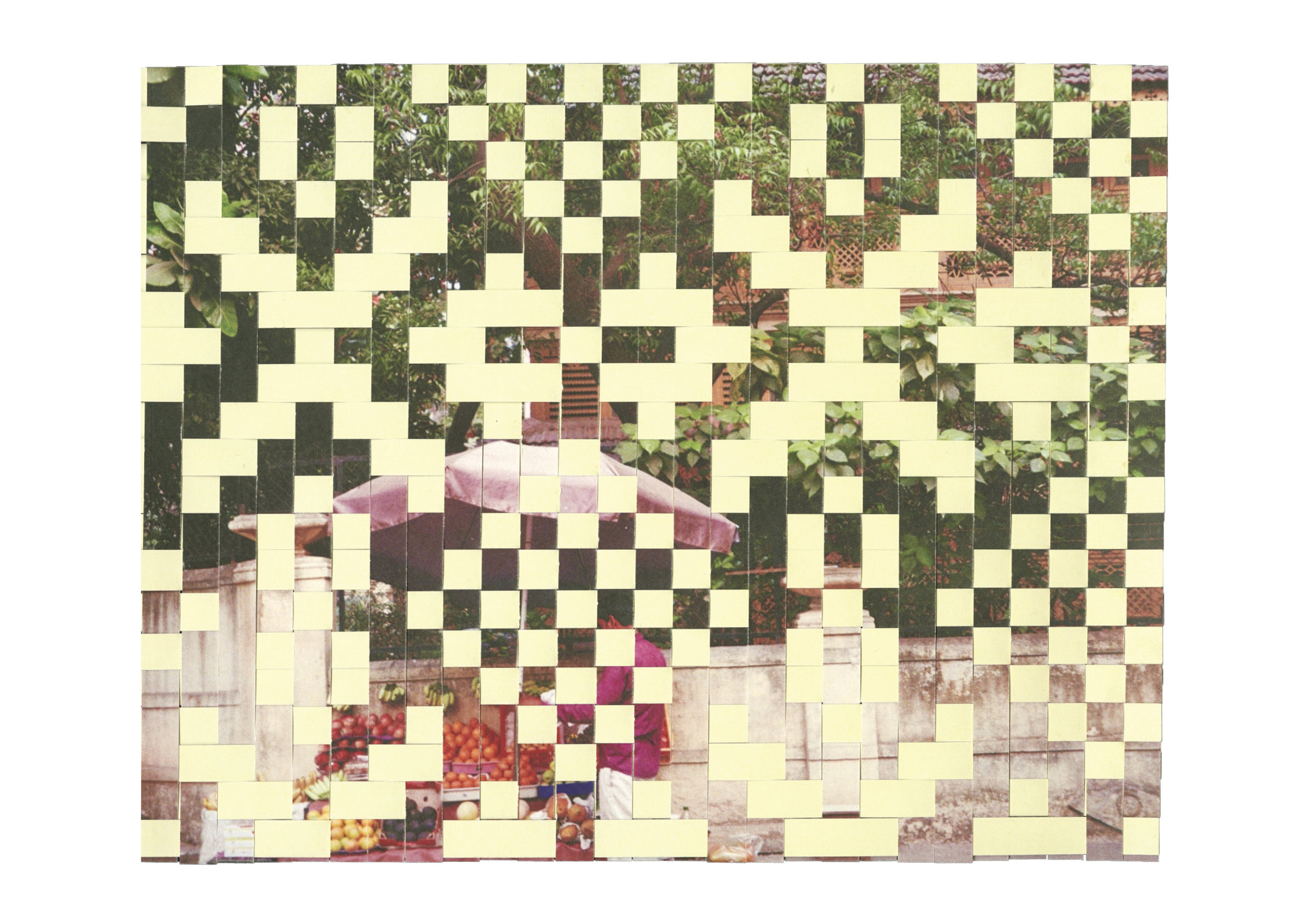 Pixelated digital artwork with checkerboard pattern in cream-coloured squares. Image behind shows fruit seller under a pink umbrella and trees.
