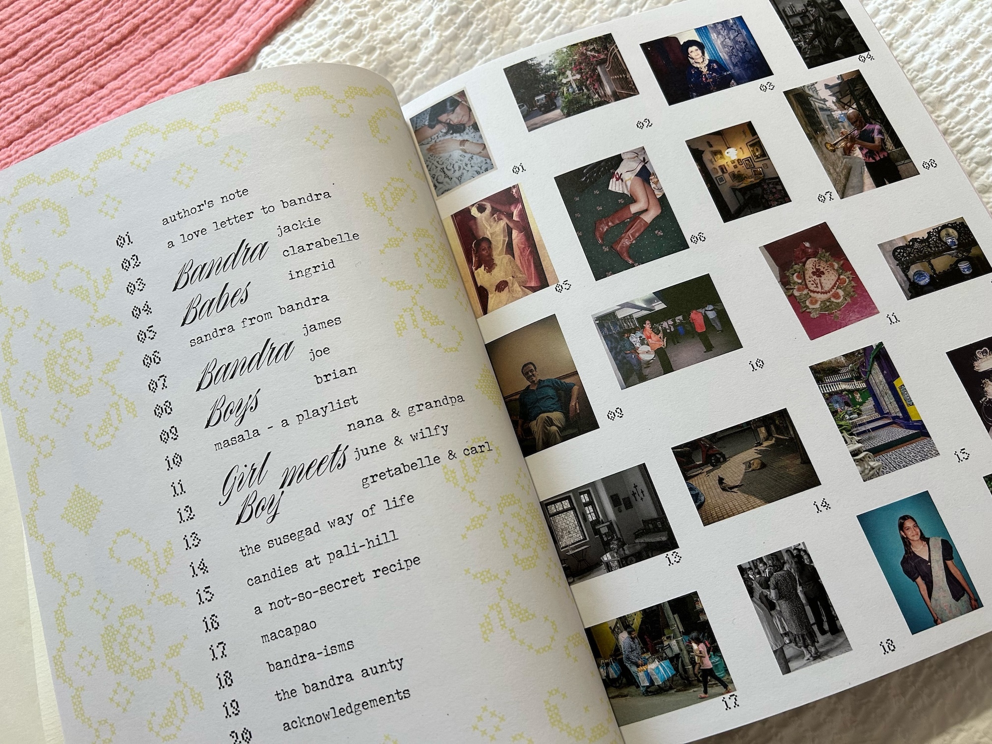 Double-page spread of the interactive book "Nana's House" by D Saldanha. The left page is a table of contents in different fonts, the right page is full of photos.