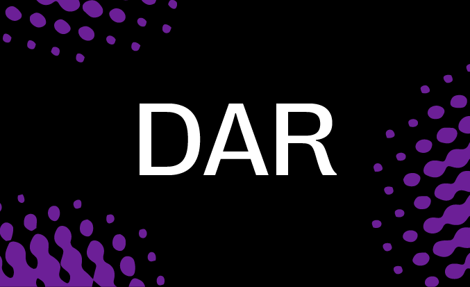 Black tile with purple pixellated accents and the initials DAR in the centre.