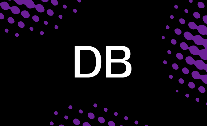 Black tile with purple pixellated accents and the initials DB in the centre.