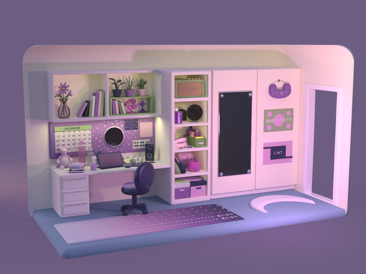 Illustration of a desk and wardrobe space based on AUB Accommodation, purple lighting and background.