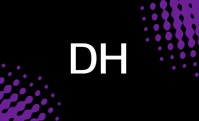 White "DH" letters on black background with purple dotted pattern in corners forming curved shapes.