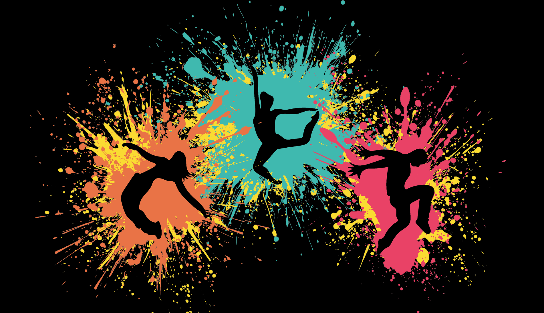 Black tile with three silhouettes of dancers posing and coloured paint spatters behind each one.