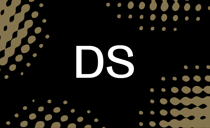 Black tile with gold pixellated accents and the initials DS in the centre.