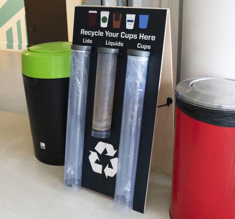 Cup recycling point in one of the campus cafes