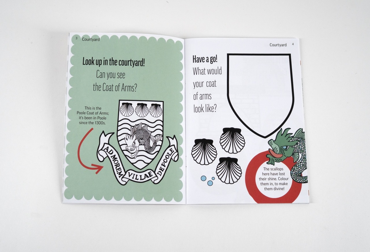Scaplen's Court Children's Trail booklet, two page spread with colouring in.