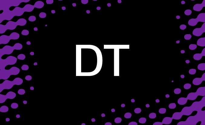 Black and purple banner with the white text "DT" in the centre.