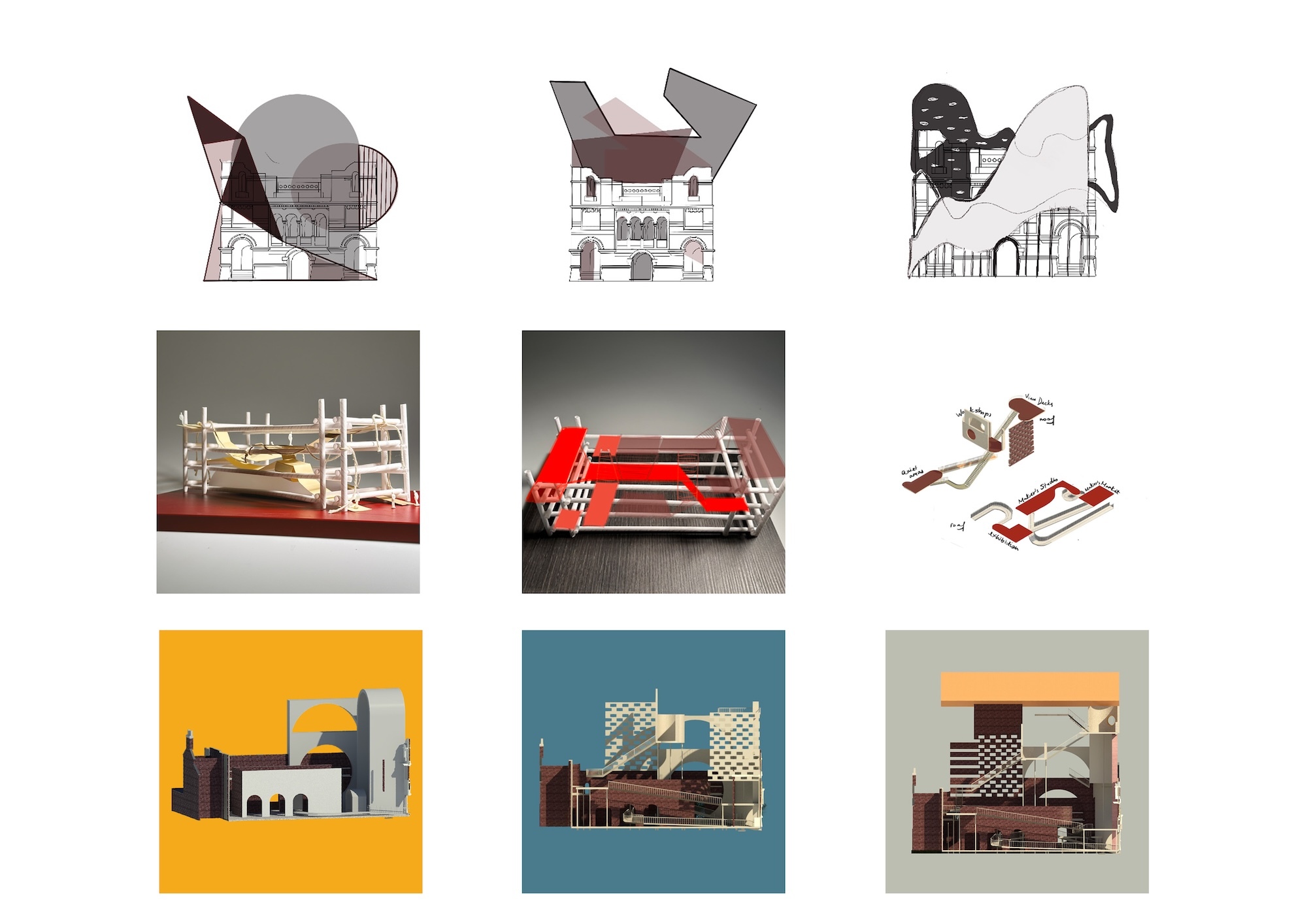 Nine architectural illustrations arranged in 3x3 grid showing building sections and models in muted colours, orange, teal, and grey backgrounds.