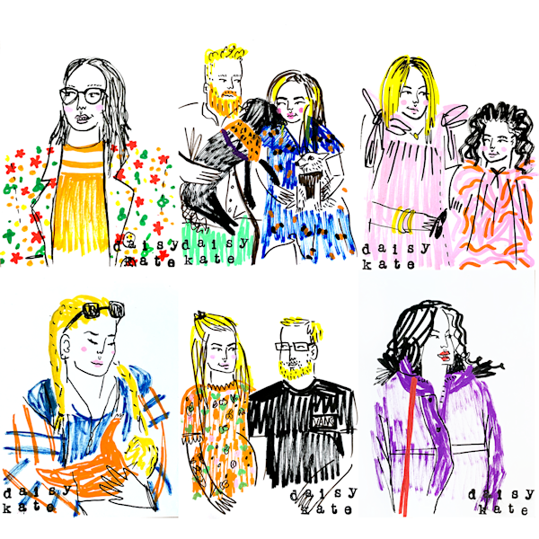 Illustrated portraits in two rows showing eight figures with colourful clothing in yellow, orange, pink, blue, and purple tones.
