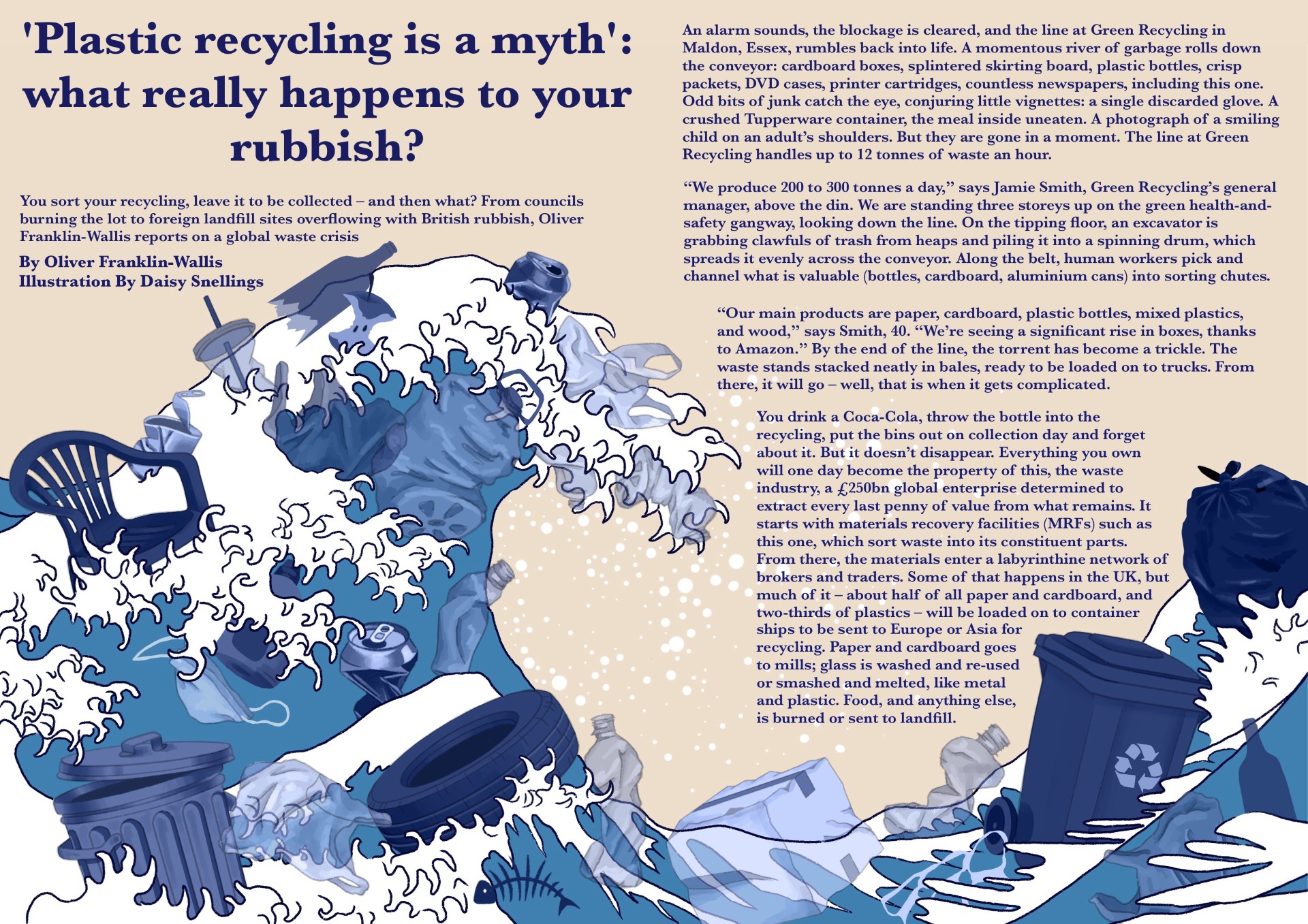 An illustrated infographic about plastic recycling shows waves of rubbish, including bottles, bags and bins, across a shoreline, with a large headline and explanatory text blocks above and beside the image.