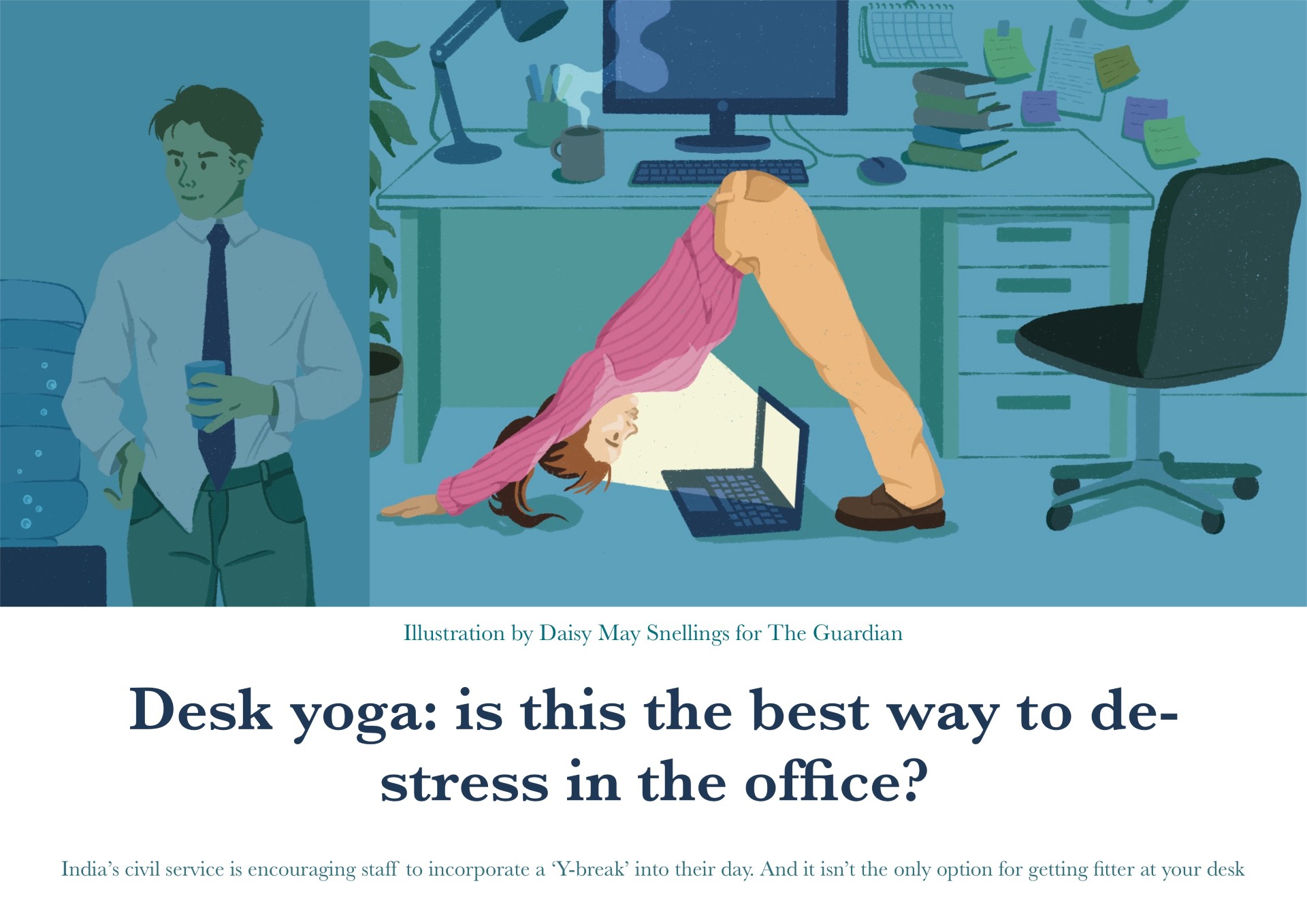 An illustration of a woman doing desk yoga in an office, arching over a laptop beneath a cluttered workstation with a desk lamp and swivel chair nearby.