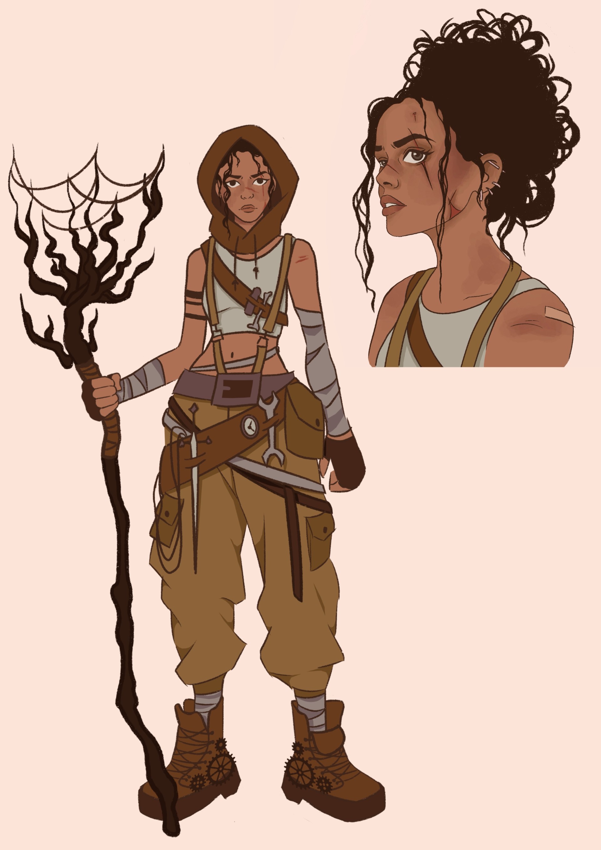 A hooded female fantasy character stands holding a staff, with a separate head-and-shoulders portrait beside her on a plain pale background.