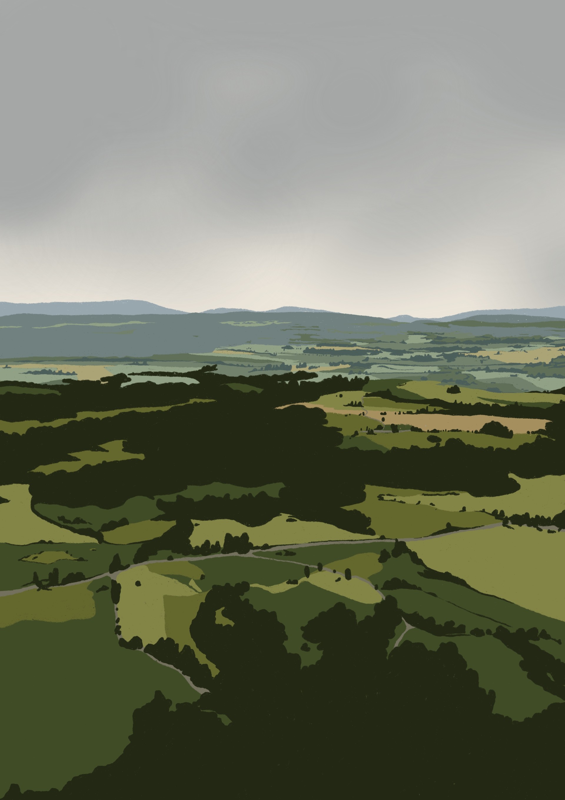 A stylised landscape of green rolling hills and patchwork fields beneath a grey sky, with a distant horizon in the background.