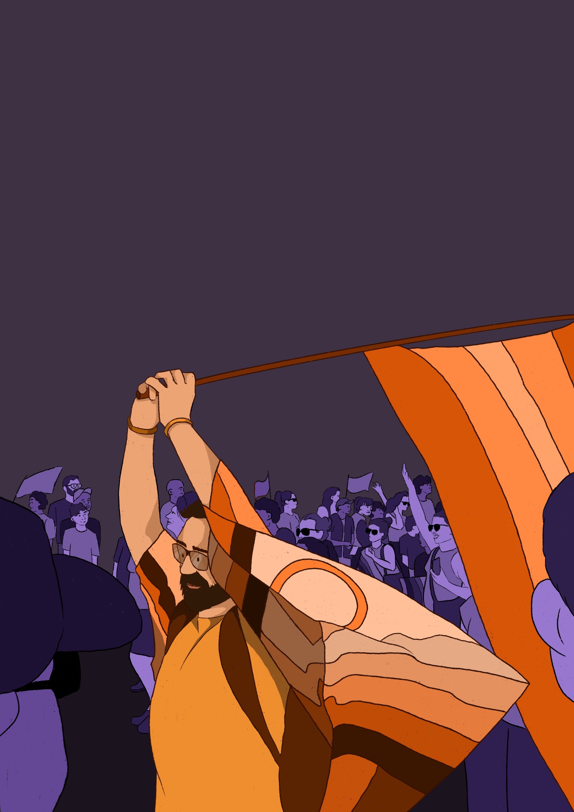 An illustrated protester in orange holds up a large striped flag above a crowd of raised arms and placards.