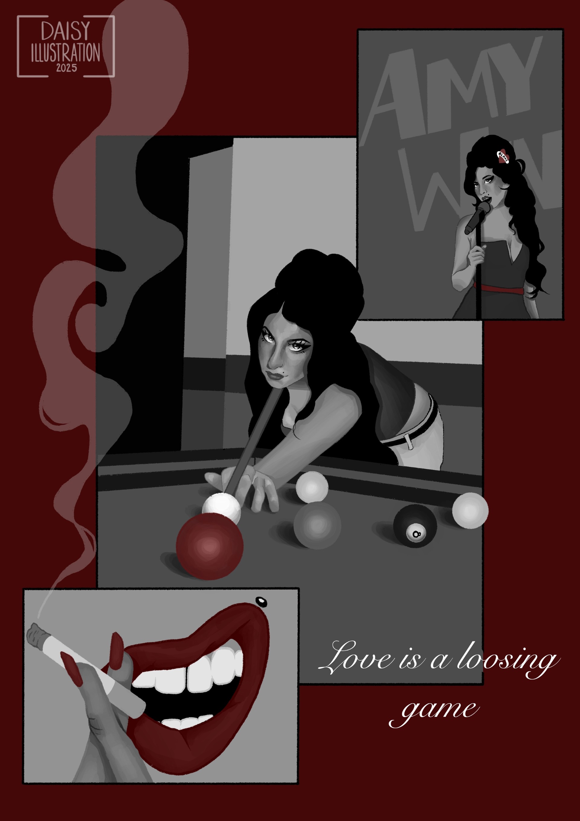 A stylised poster shows a woman leaning over a pool table with red, grey and black balls, alongside inset images of red lips holding a cigarette and a portrait labelled Amy Winehouse.