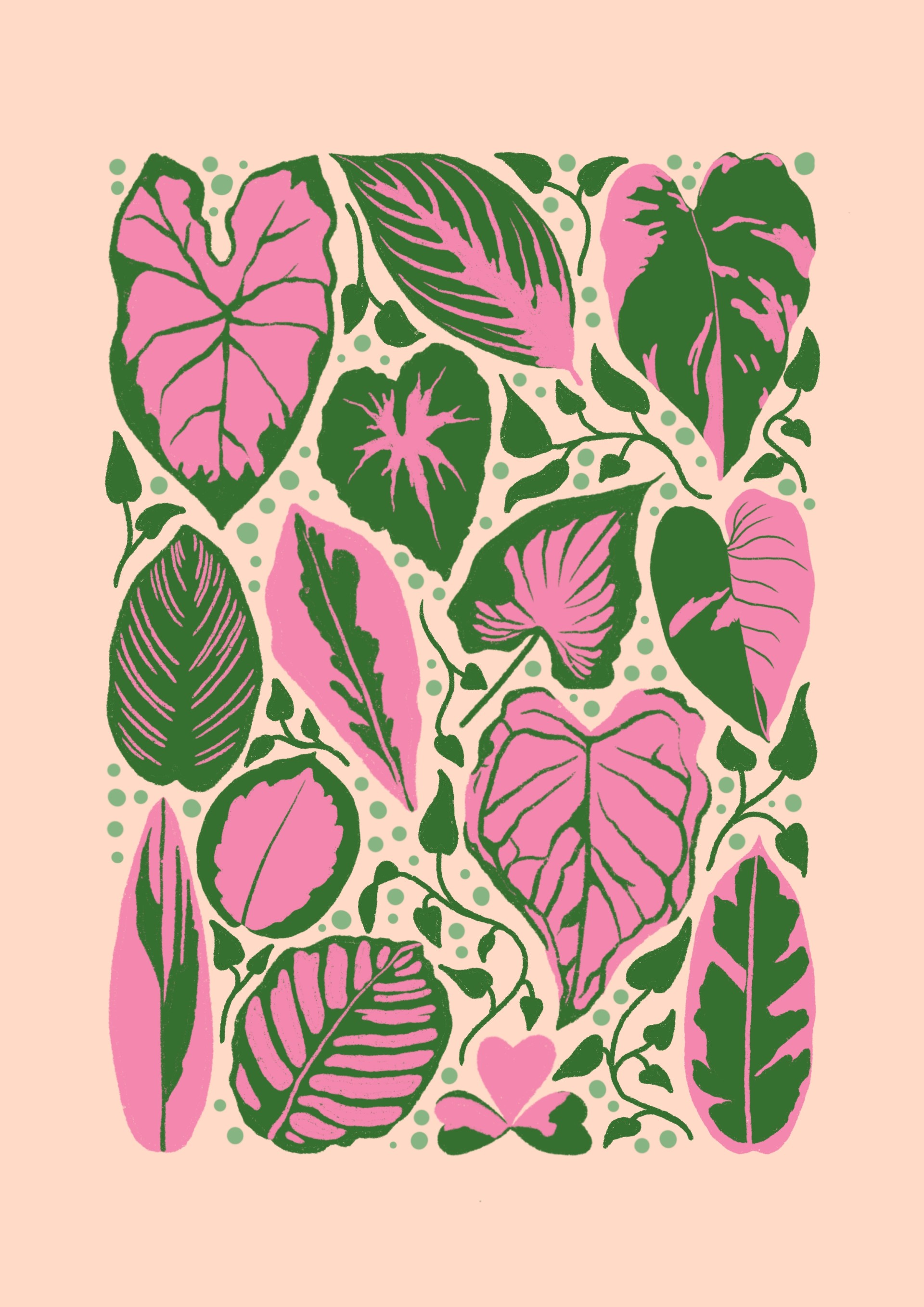 A botanical pattern of pink and dark green tropical leaves arranged on a pale peach background, with small dotted accents around the edges.