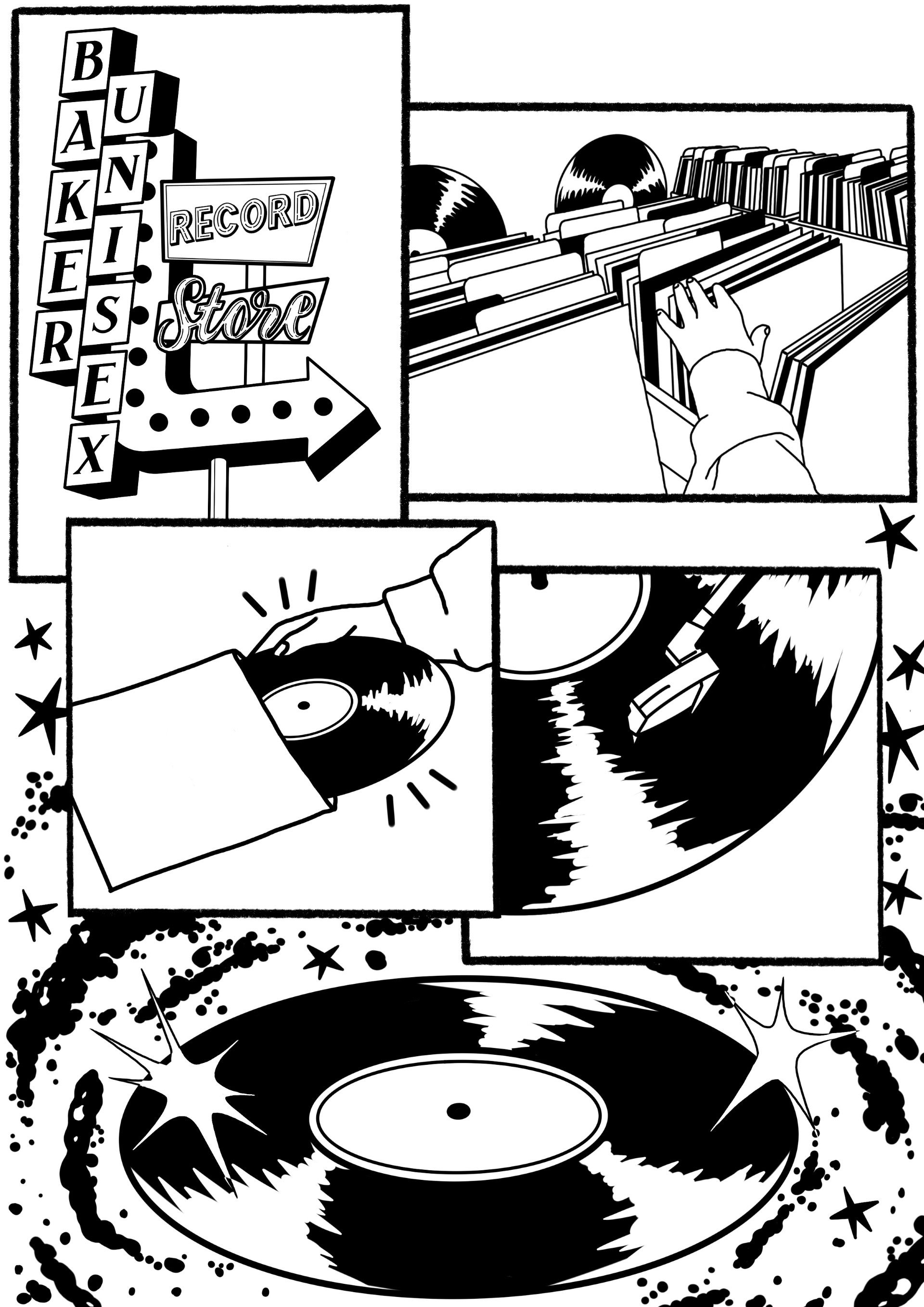 A black-and-white comic-style illustration of a record shop, with a sign reading 'Banxtert' and 'Record Store' beside rows of vinyl records being browsed.