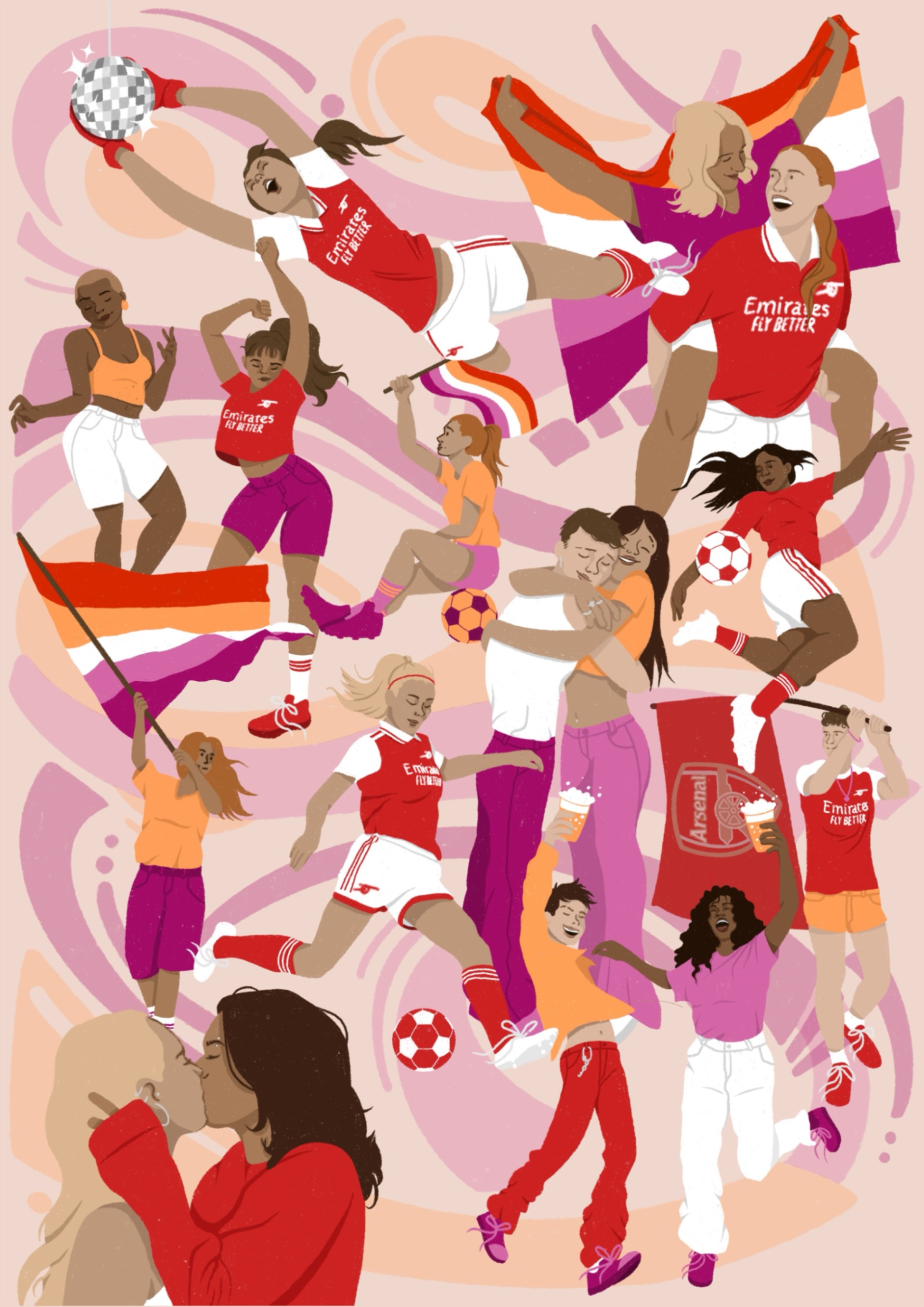 An illustration of women footballers in red and white kits celebrating with a ball and a trophy, with a rainbow flag and pink abstract background.