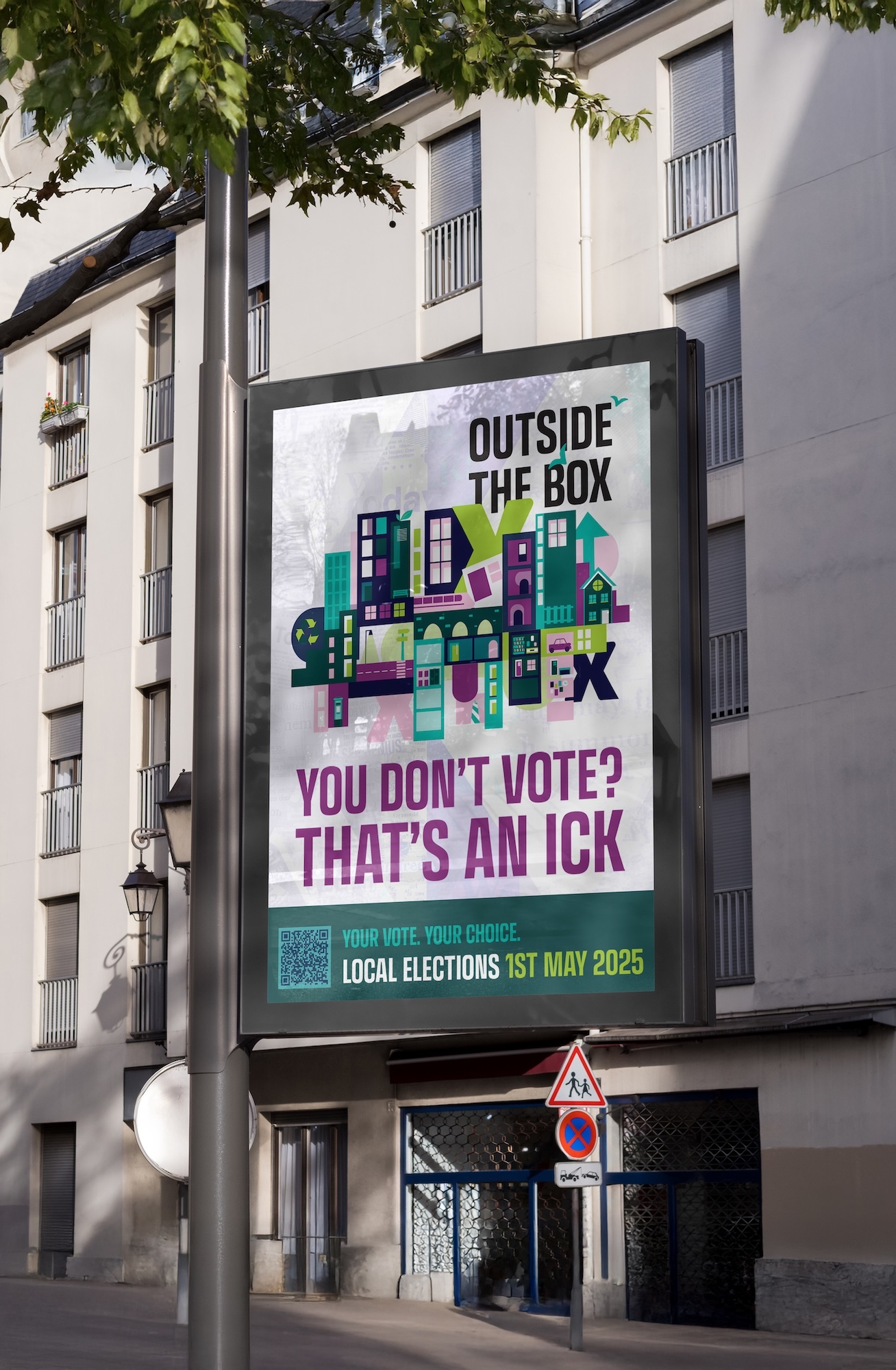 Election poster on building featuring colourful geometric shapes in blues, greens and purples with "Outside the Box" and "You don't vote? That's an ick" text.