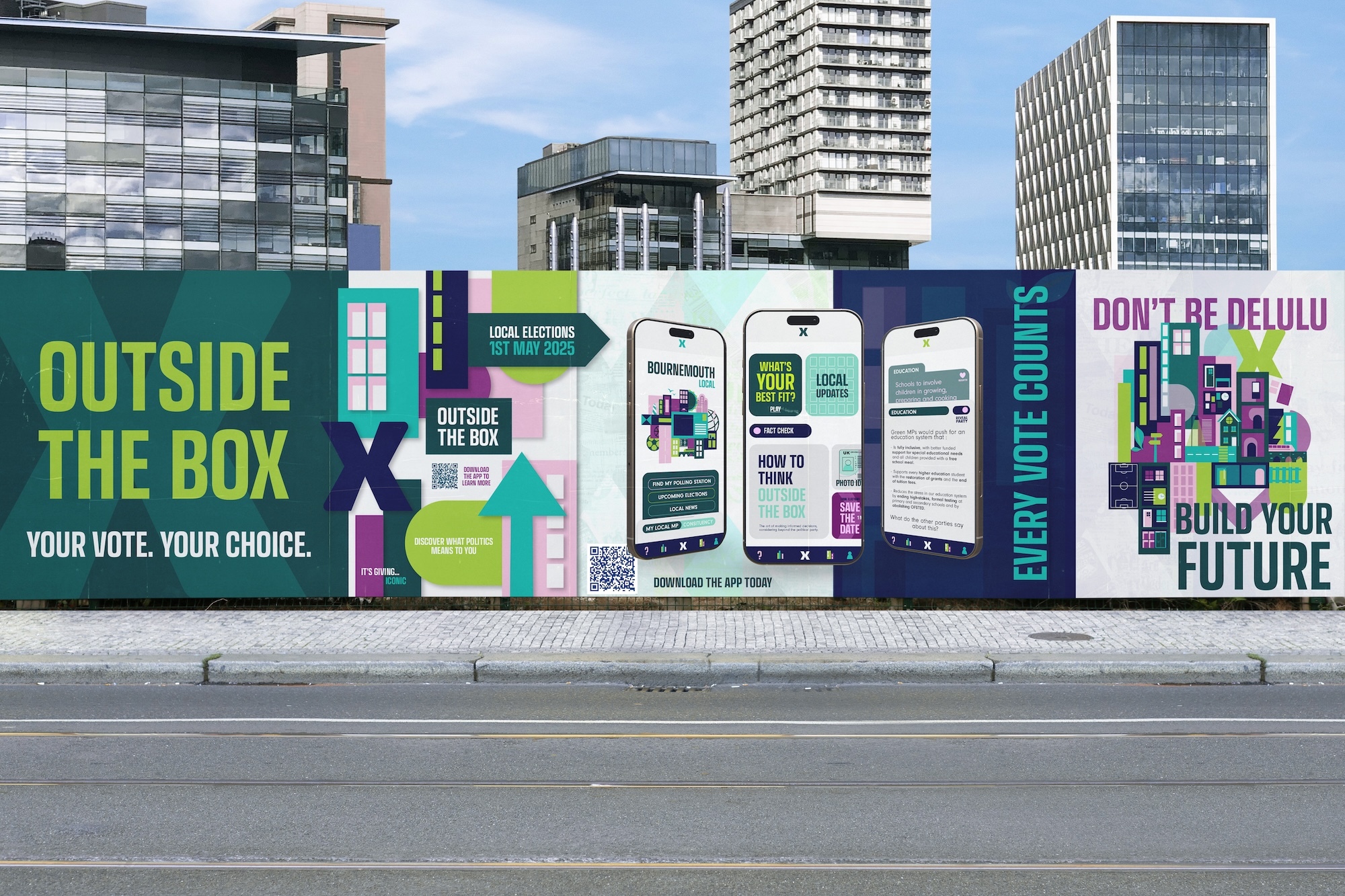 Large colourful mural on urban wall featuring green, blue and purple sections with white smartphone graphics and voting-themed text.