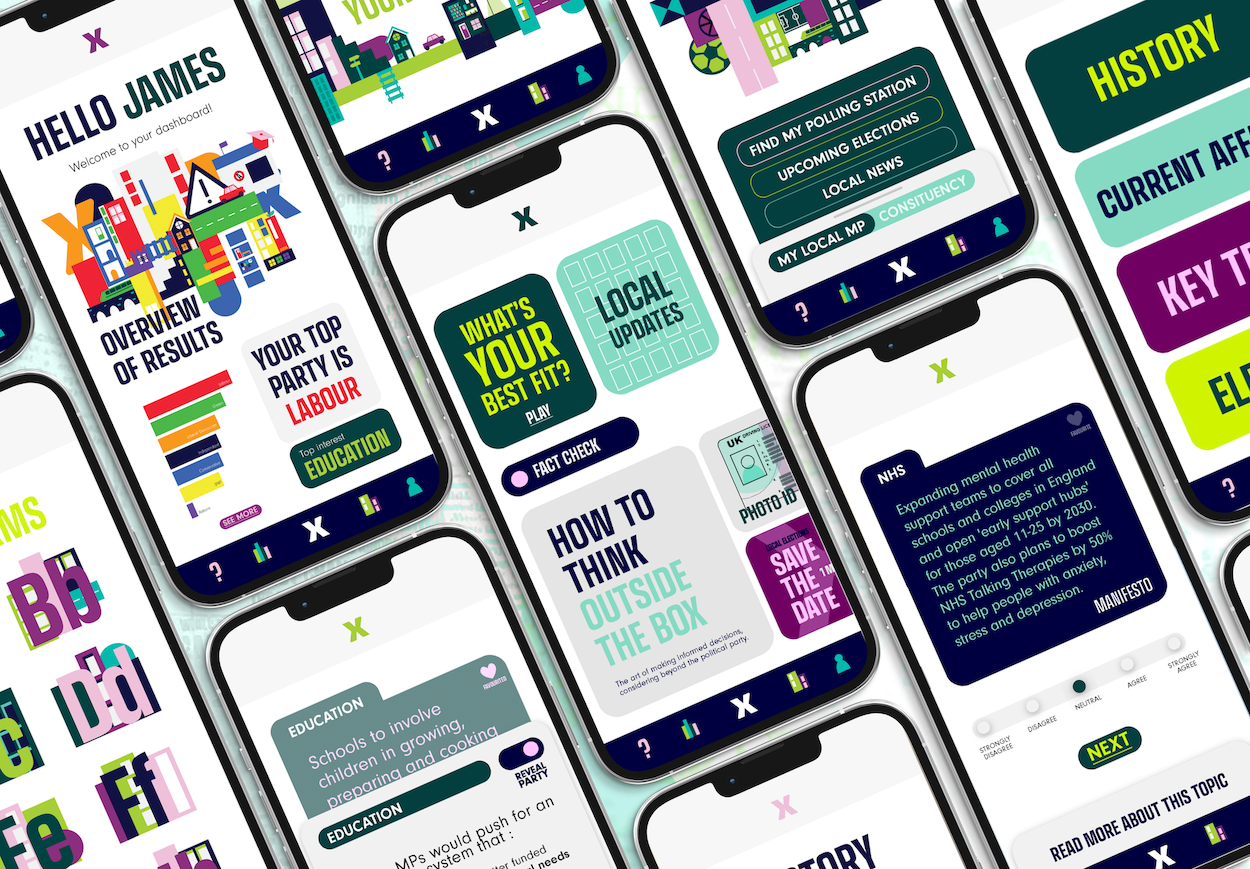 Multiple smartphone screens displaying colourful app interfaces with text blocks, buttons, and UI elements in bright greens, blues, purples, and yellows arranged in an overlapping grid pattern.