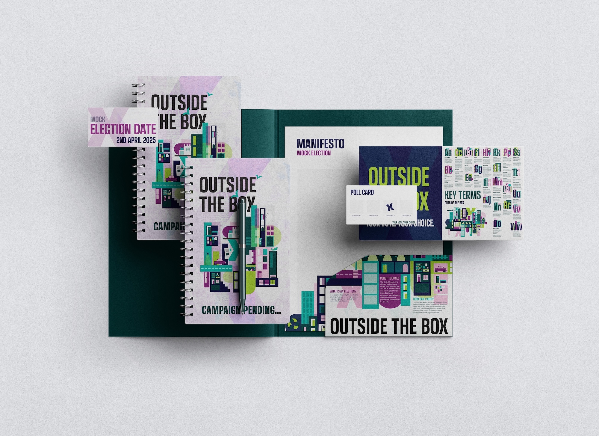 Collection of branded materials including spiral-bound notebooks, folders, and cards with "Outside the Box" text and colourful grid layouts.