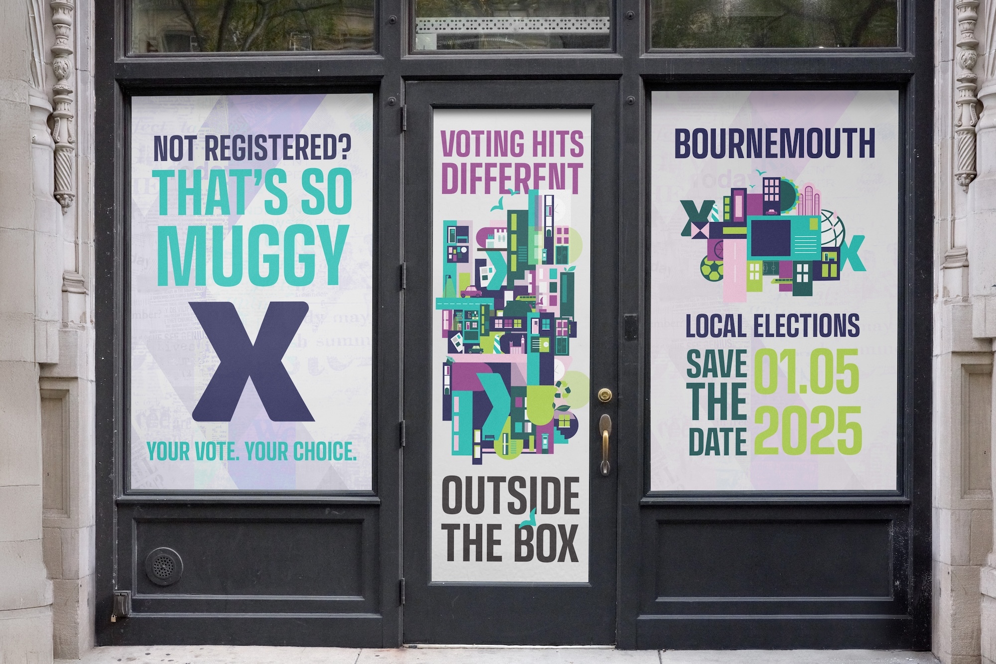 Three election campaign posters in shop windows. Left: "NOT REGISTERED? THAT'S SO MUGGY" with large X. Centre: "VOTING HITS DIFFERENT OUTSIDE THE BOX" with colourful geometric shapes. Right: "BOURNEMOUTH LOCAL ELECTIONS SAVE THE DATE 01.05.2025" with building icons.